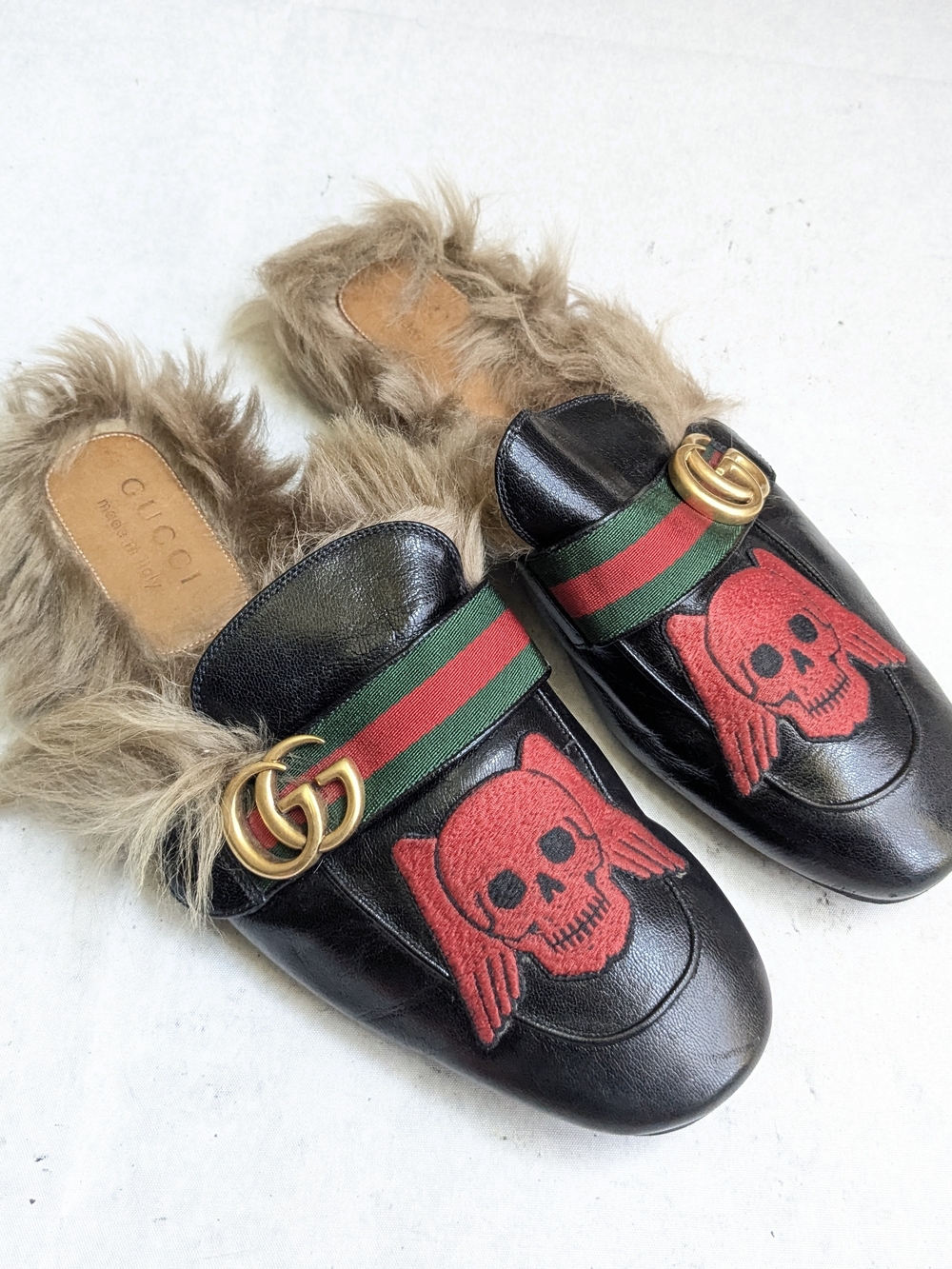 Gucci Black Leather Fur-Trim Princetown Mules with Red Skull Men US 7.5